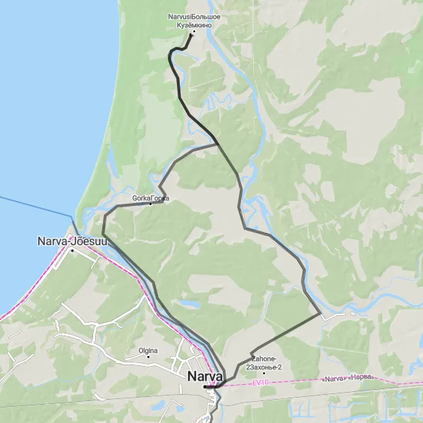 Map miniature of "Round Trip from Narva to Ivangorod and Hermann Castle" cycling inspiration in Eesti, Estonia. Generated by Tarmacs.app cycling route planner