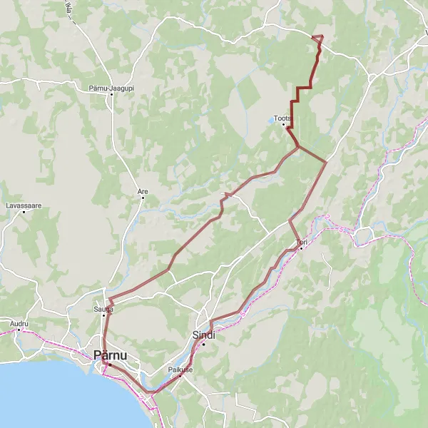Map miniature of "Pärnu Gravel Adventure" cycling inspiration in Eesti, Estonia. Generated by Tarmacs.app cycling route planner
