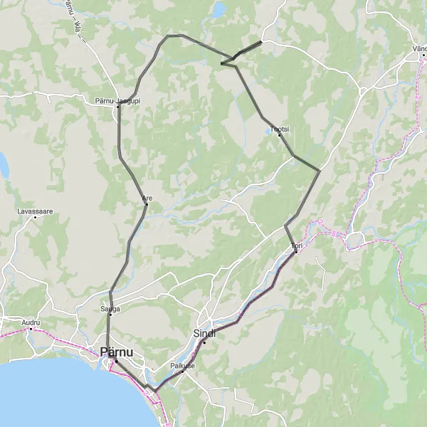 Map miniature of "Pärnu to Pärnu-Jaagupi Loop" cycling inspiration in Eesti, Estonia. Generated by Tarmacs.app cycling route planner