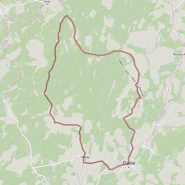 Map miniature of "Paide-Eivere-Paide Order Castle Gravel Loop" cycling inspiration in Eesti, Estonia. Generated by Tarmacs.app cycling route planner