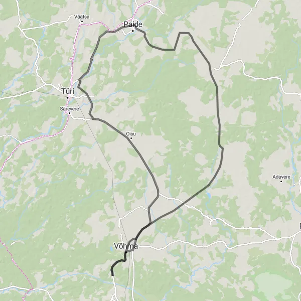 Map miniature of "Paide-Koigi-Imavere-Oisu-Türi-Alliku-Paide Castle Loop" cycling inspiration in Eesti, Estonia. Generated by Tarmacs.app cycling route planner