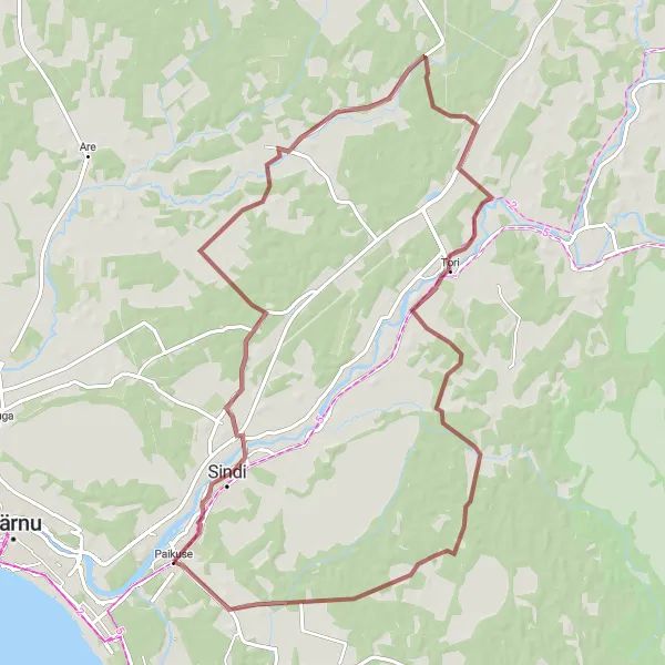 Map miniature of "Sindi to Seljametsa Gravel Route" cycling inspiration in Eesti, Estonia. Generated by Tarmacs.app cycling route planner