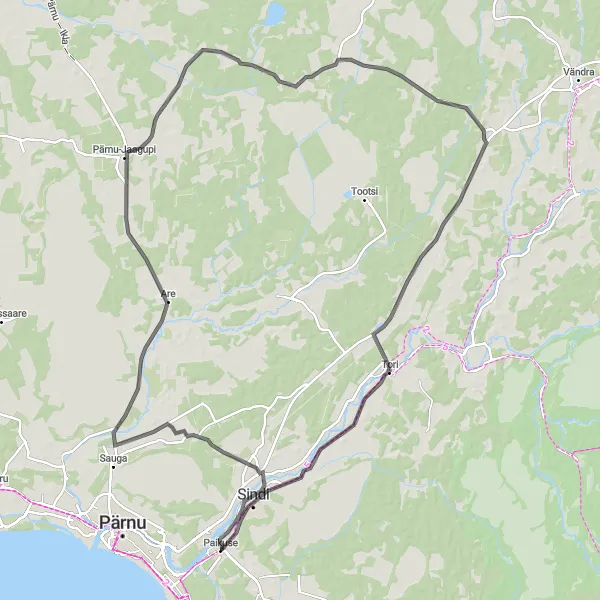 Map miniature of "Road Cycling Adventure from Sindi to Pööravere" cycling inspiration in Eesti, Estonia. Generated by Tarmacs.app cycling route planner