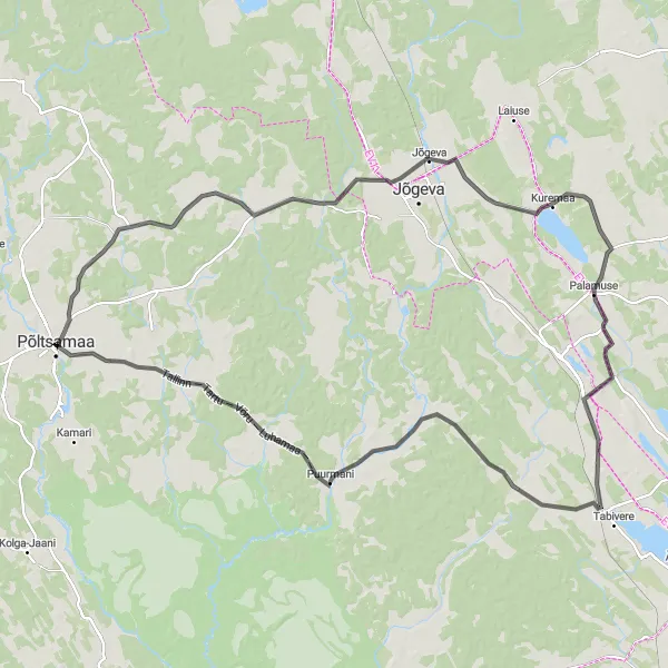 Map miniature of "Journey through Palamuse" cycling inspiration in Eesti, Estonia. Generated by Tarmacs.app cycling route planner