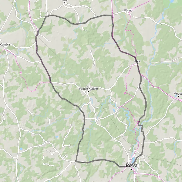 Map miniature of "Ahja Loop" cycling inspiration in Eesti, Estonia. Generated by Tarmacs.app cycling route planner
