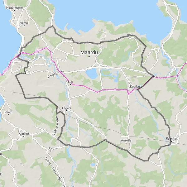 Map miniature of "Raasiku to Aruküla Loop" cycling inspiration in Eesti, Estonia. Generated by Tarmacs.app cycling route planner