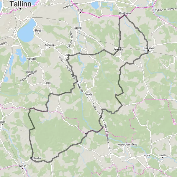 Map miniature of "Raasiku to Tõhelgi Route" cycling inspiration in Eesti, Estonia. Generated by Tarmacs.app cycling route planner