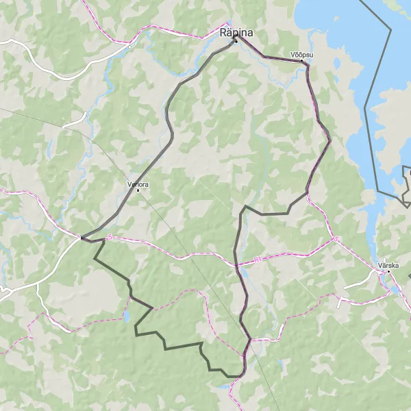 Map miniature of "Räpina - Orava - Veriora Loop" cycling inspiration in Eesti, Estonia. Generated by Tarmacs.app cycling route planner