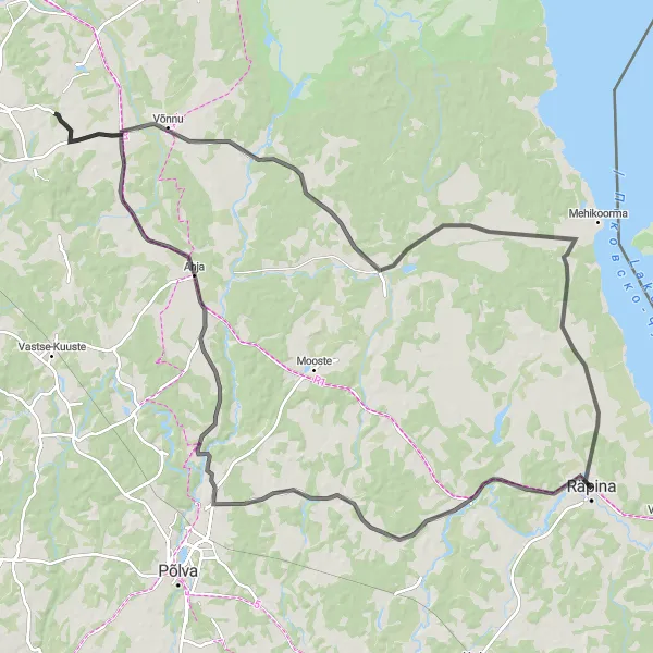 Map miniature of "Räpina - Ahja - Võnnu Loop" cycling inspiration in Eesti, Estonia. Generated by Tarmacs.app cycling route planner