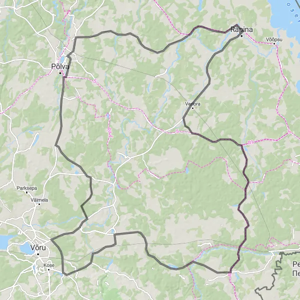 Map miniature of "Räpina Countryside Road Trip" cycling inspiration in Eesti, Estonia. Generated by Tarmacs.app cycling route planner