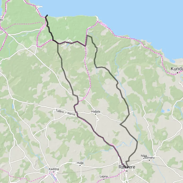 Map miniature of "Rakvere and Arkna Circuit" cycling inspiration in Eesti, Estonia. Generated by Tarmacs.app cycling route planner