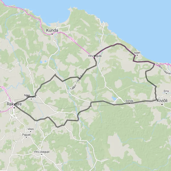 Map miniature of "Exploring Viru-Nigula and Sonda" cycling inspiration in Eesti, Estonia. Generated by Tarmacs.app cycling route planner