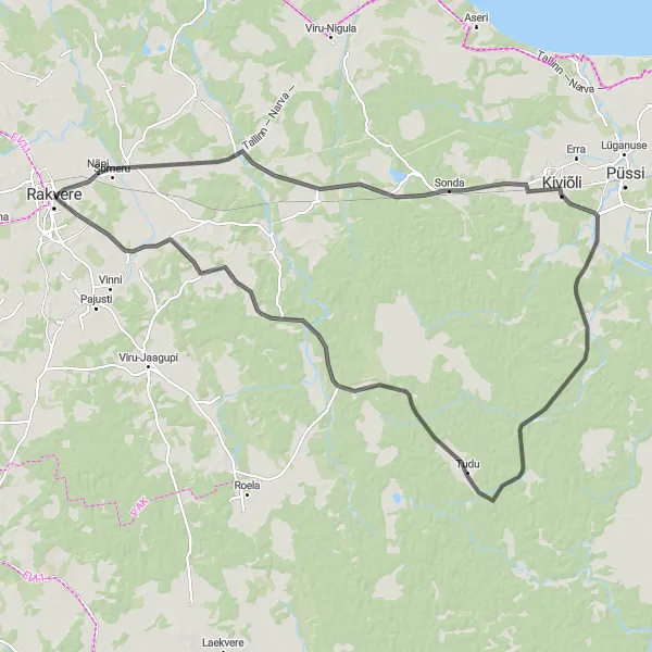 Map miniature of "Rakvere and Unforgettable Views" cycling inspiration in Eesti, Estonia. Generated by Tarmacs.app cycling route planner