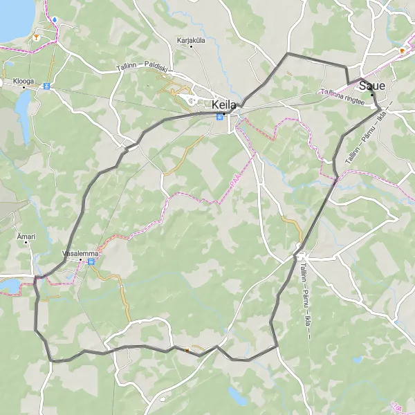 Map miniature of "Saue to Jõgisoo Loop Road Route" cycling inspiration in Eesti, Estonia. Generated by Tarmacs.app cycling route planner