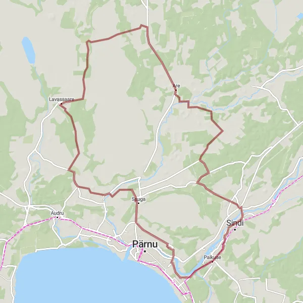 Map miniature of "Paikuse - Sauga - Sindi Gravel Discovery Route" cycling inspiration in Eesti, Estonia. Generated by Tarmacs.app cycling route planner