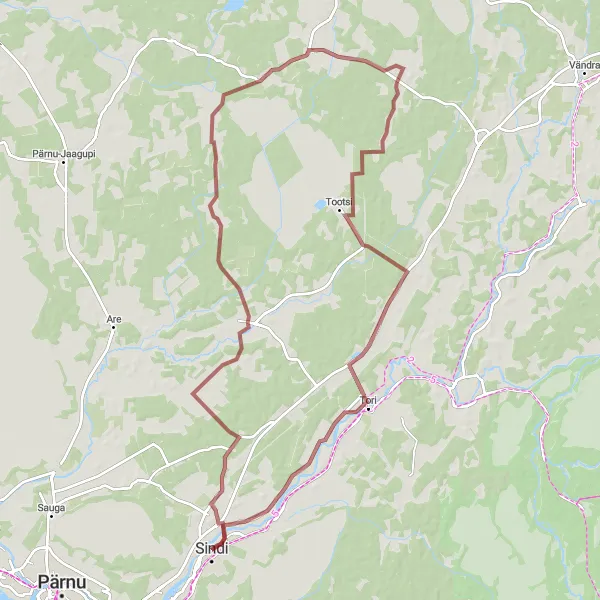 Map miniature of "Sindi - Tootsi - Oore Scenic Gravel Loop" cycling inspiration in Eesti, Estonia. Generated by Tarmacs.app cycling route planner