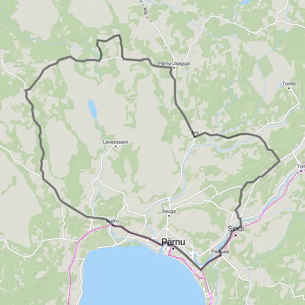 Map miniature of "Paikuse - Sindi Adventure Road Cycling Tour" cycling inspiration in Eesti, Estonia. Generated by Tarmacs.app cycling route planner