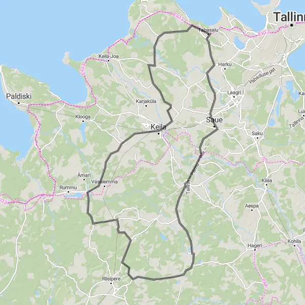 Map miniature of "Tabasalu-Saue-Kernu-Vääna-Rannamõisa" cycling inspiration in Eesti, Estonia. Generated by Tarmacs.app cycling route planner