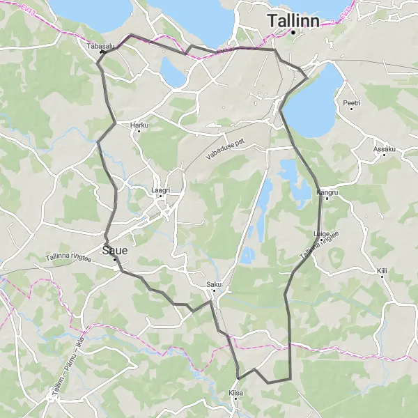 Map miniature of "Tabasalu-Vabaõhumuuseumi Kivikülv-Linnuvaatlustorn-Üksnurme-Saue-Hüüru" cycling inspiration in Eesti, Estonia. Generated by Tarmacs.app cycling route planner