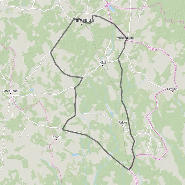 Map miniature of "Tamsalu and Väike-Rakke Circuit" cycling inspiration in Eesti, Estonia. Generated by Tarmacs.app cycling route planner