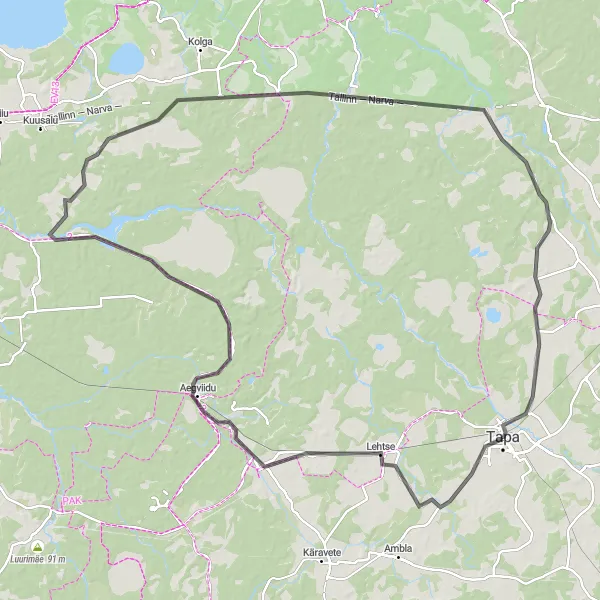 Map miniature of "Lehtse-Jäneda-Pillapalu-Viru Raba Vaatetorn-Põima-Tapa Route" cycling inspiration in Eesti, Estonia. Generated by Tarmacs.app cycling route planner