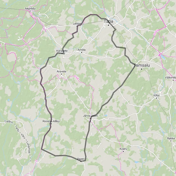 Map miniature of "Peetri-Albu-Lehtse-Tapa Route" cycling inspiration in Eesti, Estonia. Generated by Tarmacs.app cycling route planner