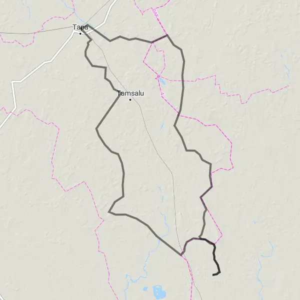 Map miniature of "Lasila-Väike-Maarja-Lasinurme-Emumäe-Piibe-Varangu-Nõmmküla-Tapa Route" cycling inspiration in Eesti, Estonia. Generated by Tarmacs.app cycling route planner