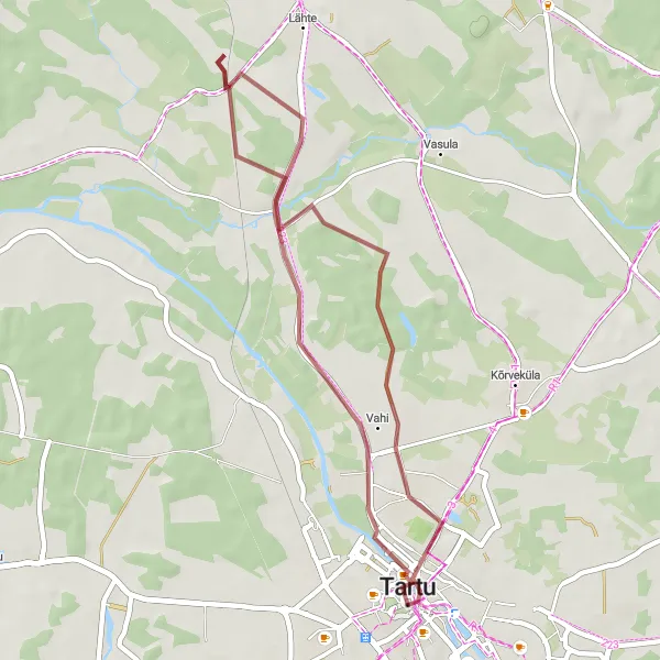 Map miniature of "Scenic Gravel Route near Tartu" cycling inspiration in Eesti, Estonia. Generated by Tarmacs.app cycling route planner