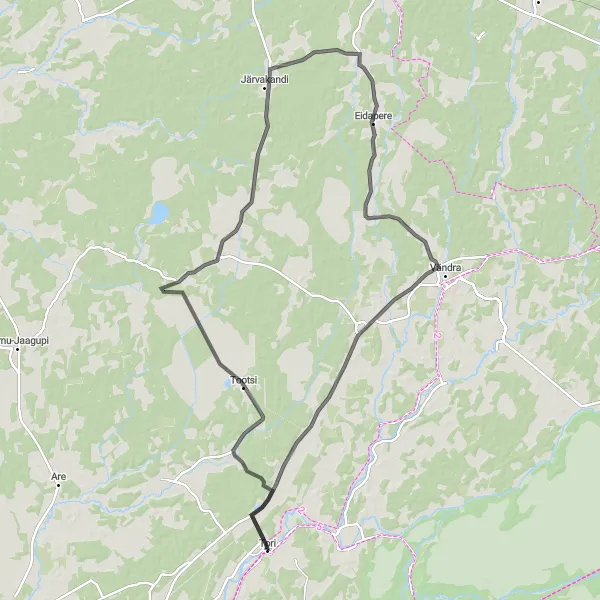 Map miniature of "Eidapere and Vändra Escapade" cycling inspiration in Eesti, Estonia. Generated by Tarmacs.app cycling route planner