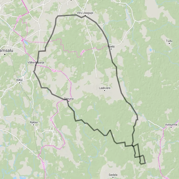 Map miniature of "Discover Viru-Jaagupi and Koonu" cycling inspiration in Eesti, Estonia. Generated by Tarmacs.app cycling route planner