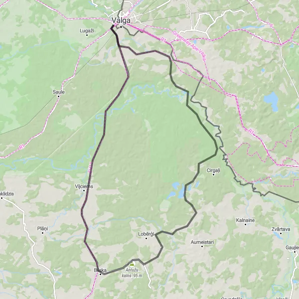 Map miniature of "Valga to Antužu kalns Scenic Roadway" cycling inspiration in Eesti, Estonia. Generated by Tarmacs.app cycling route planner