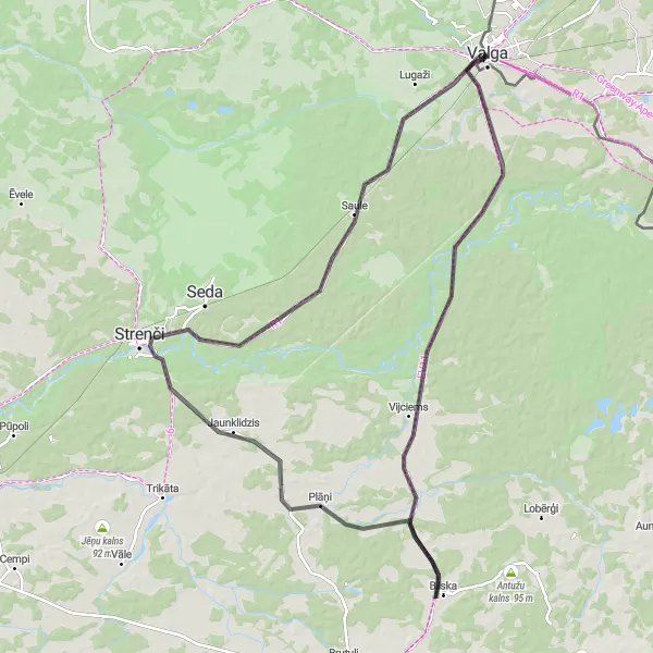 Map miniature of "Valga to Valka Cycling Route" cycling inspiration in Eesti, Estonia. Generated by Tarmacs.app cycling route planner