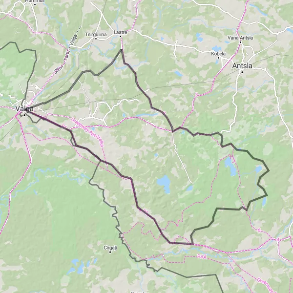 Map miniature of "Valga to Vilaski Loop" cycling inspiration in Eesti, Estonia. Generated by Tarmacs.app cycling route planner