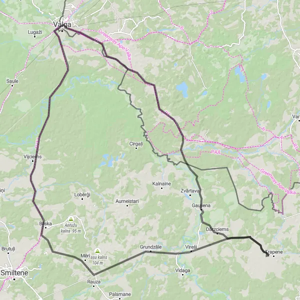 Map miniature of "Valga to Valka Cycling Route" cycling inspiration in Eesti, Estonia. Generated by Tarmacs.app cycling route planner