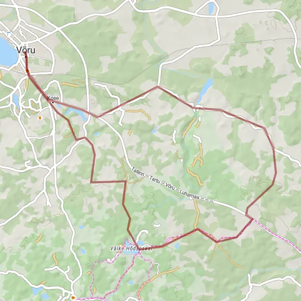 Map miniature of "Võru-Verijärve-Uue Saaluse-Kose-Päikeseloojangu vaatekoht" cycling inspiration in Eesti, Estonia. Generated by Tarmacs.app cycling route planner