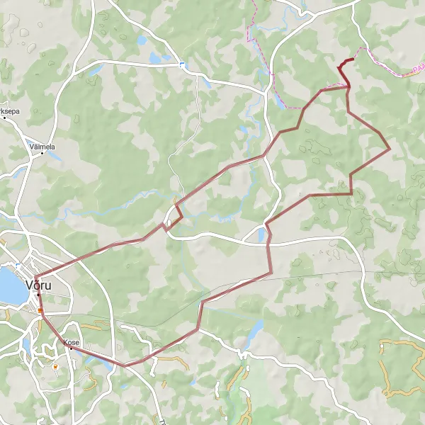 Map miniature of "Võru-Lasva-Kose-Päikeseloojangu vaatekoht" cycling inspiration in Eesti, Estonia. Generated by Tarmacs.app cycling route planner