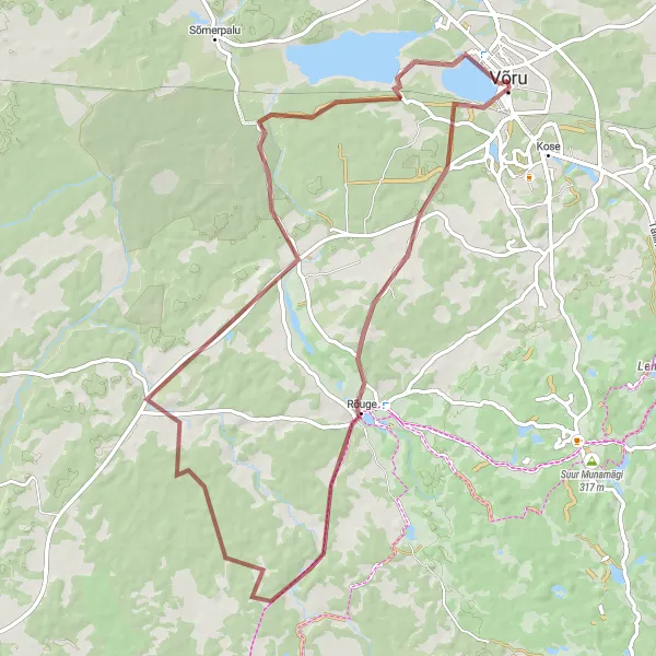 Map miniature of "Võru-Päikeseloojangu vaatekoht-Rõuge-Karaski-Nursi-National Geographicu Yellow Frame" cycling inspiration in Eesti, Estonia. Generated by Tarmacs.app cycling route planner