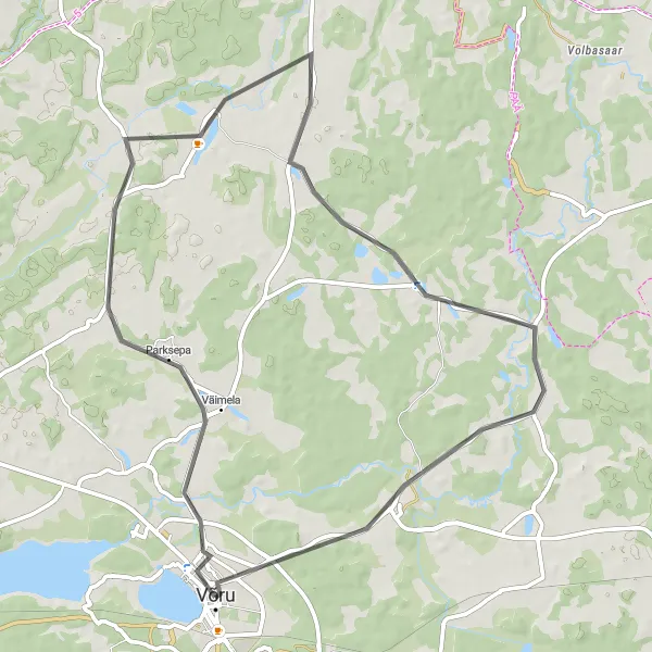 Map miniature of "Võru-Väimela-Mustajõe-Vana-Koiola Loop" cycling inspiration in Eesti, Estonia. Generated by Tarmacs.app cycling route planner
