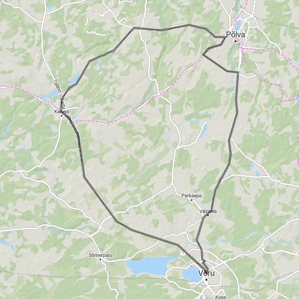 Map miniature of "National Geographicu Yellow Frame-Kanepi-Vana-Koiola-Väimela" cycling inspiration in Eesti, Estonia. Generated by Tarmacs.app cycling route planner