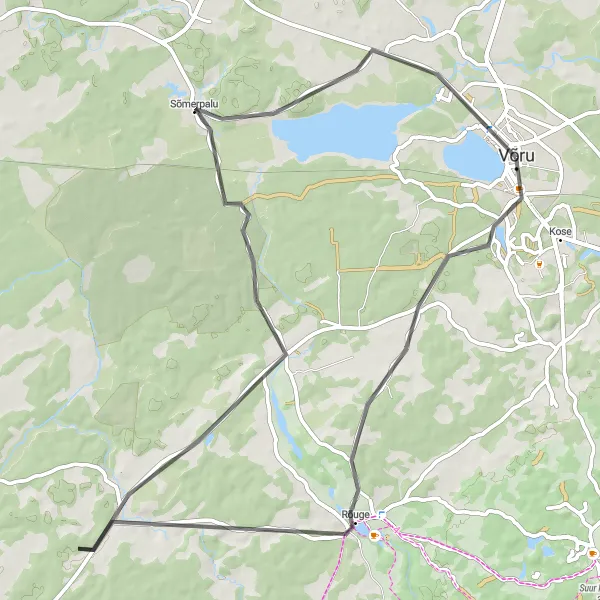 Map miniature of "Võru-Rõuge-Sänna-Sõmerpalu-Vagula-Yellow Frame Loop" cycling inspiration in Eesti, Estonia. Generated by Tarmacs.app cycling route planner