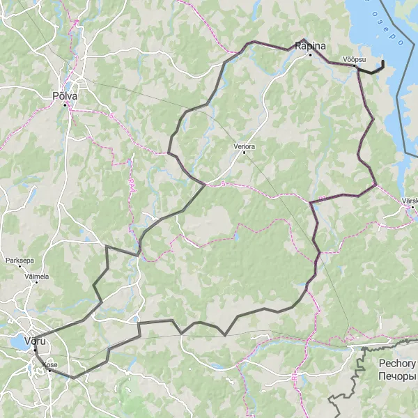 Map miniature of "Paidra-Räpina-Beresje-Mikitamäe-Orava-Lasva-Päikeseloojangu vaatekoht-Võru" cycling inspiration in Eesti, Estonia. Generated by Tarmacs.app cycling route planner