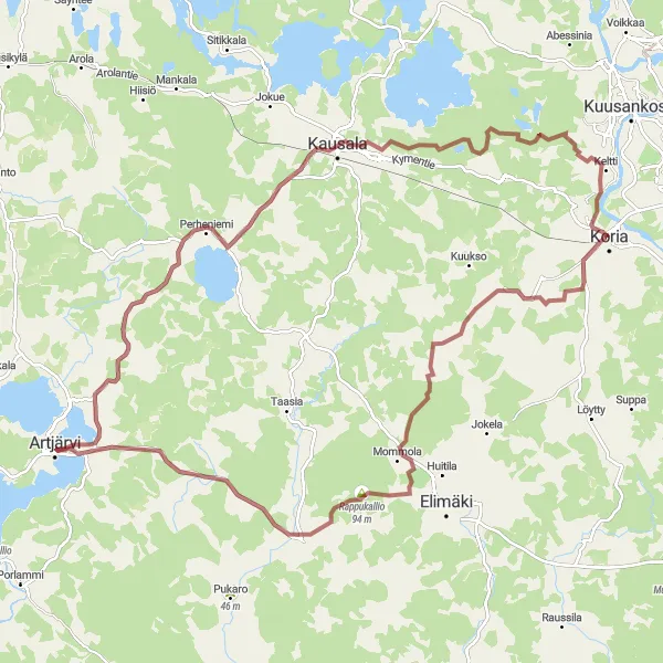 Map miniature of "Kausala Circuit" cycling inspiration in Etelä-Suomi, Finland. Generated by Tarmacs.app cycling route planner