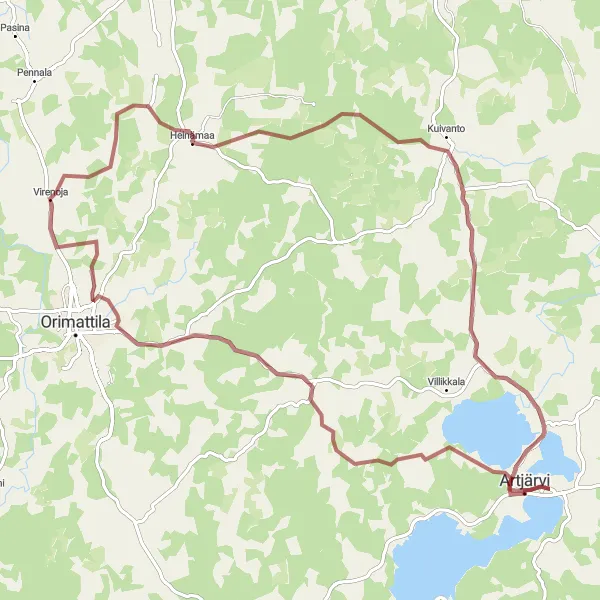 Karttaminiaatyyri "Artjärvi - Virenoja Loop" pyöräilyinspiraatiosta alueella Etelä-Suomi, Finland. Luotu Tarmacs.app pyöräilyreittisuunnittelijalla
