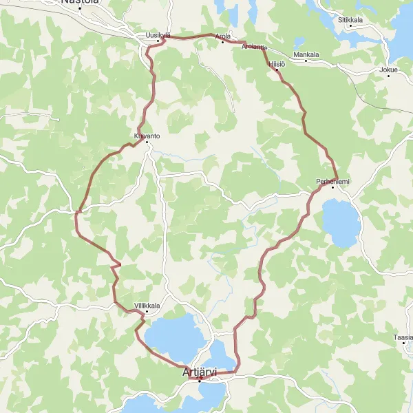 Map miniature of "Artjärvi - Kuivanto Gravel Adventure" cycling inspiration in Etelä-Suomi, Finland. Generated by Tarmacs.app cycling route planner