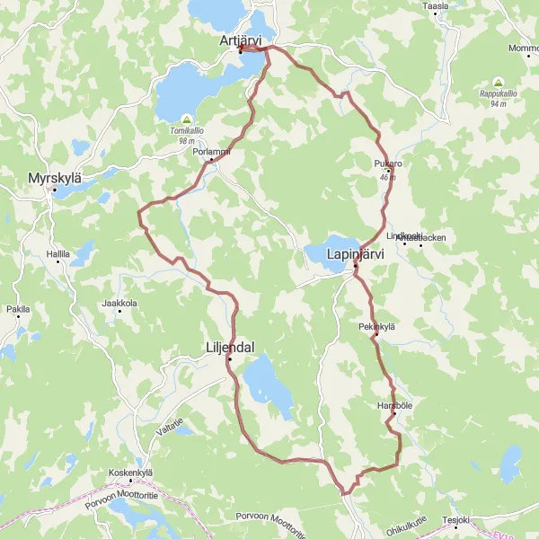 Map miniature of "Artjärvi - Lapinjärven Kirkonkylä Gravel Tour" cycling inspiration in Etelä-Suomi, Finland. Generated by Tarmacs.app cycling route planner