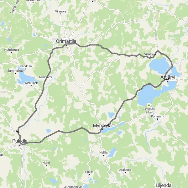 Map miniature of "Myrskylä Loop" cycling inspiration in Etelä-Suomi, Finland. Generated by Tarmacs.app cycling route planner