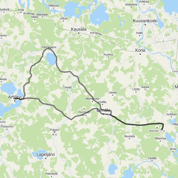 Karttaminiaatyyri "Artjärvi - Elimäki Loop" pyöräilyinspiraatiosta alueella Etelä-Suomi, Finland. Luotu Tarmacs.app pyöräilyreittisuunnittelijalla