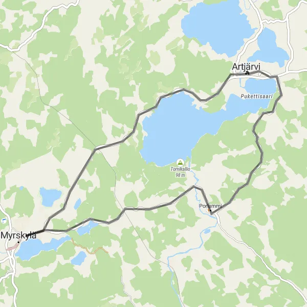 Map miniature of "Artjärvi - Myrskylä Forests Loop" cycling inspiration in Etelä-Suomi, Finland. Generated by Tarmacs.app cycling route planner