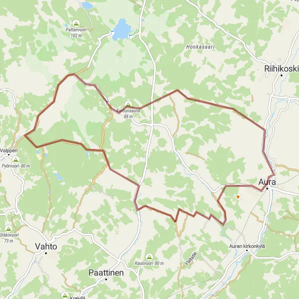 Map miniature of "Aura Gravel Loop" cycling inspiration in Etelä-Suomi, Finland. Generated by Tarmacs.app cycling route planner