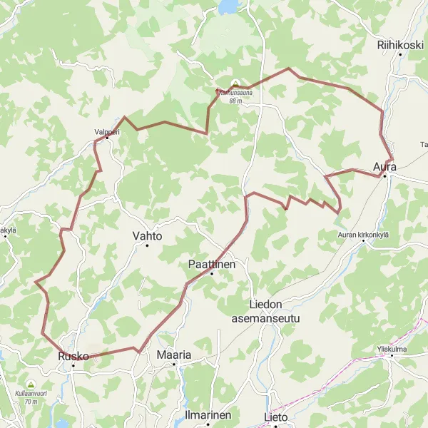Map miniature of "Aura Gravel Adventure" cycling inspiration in Etelä-Suomi, Finland. Generated by Tarmacs.app cycling route planner